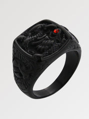 Anillo japonés Chevalière sortija de sello con dragón en alto relieve y ojo de rubí sintético Ropa Japonesa