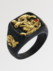 Anillo japonés Chevalière sortija de sello con dragón en alto relieve y ojo de rubí sintético Ropa Japonesa