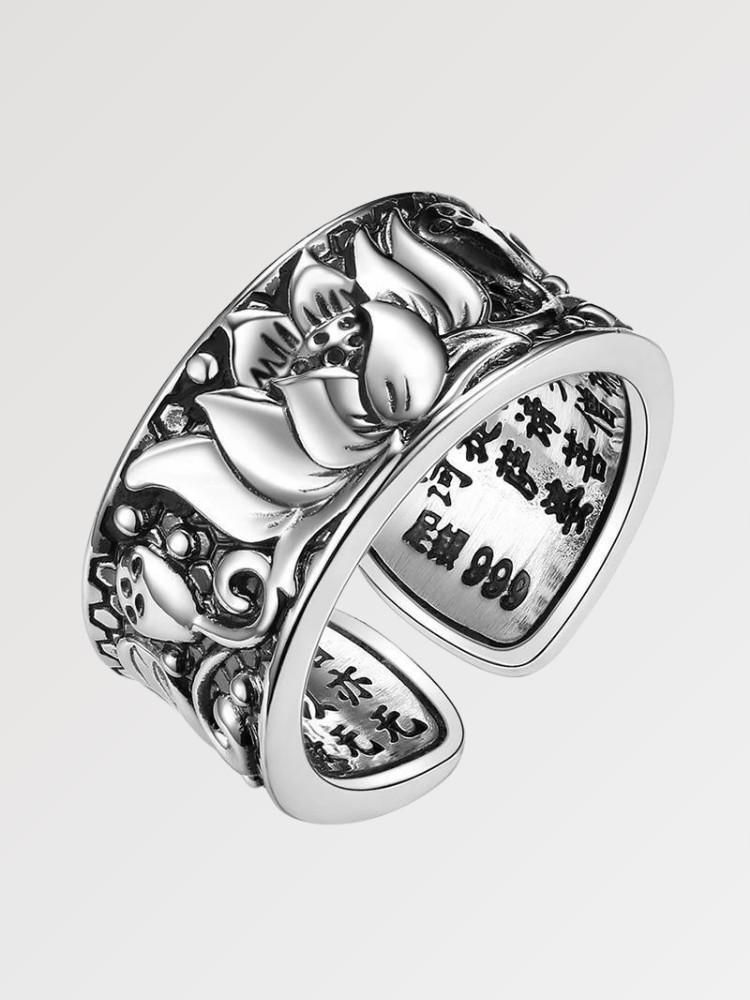 Anillo japonés de loto Spirit con flor de loto en relieve sobre plata 999 Ropa Japonesa