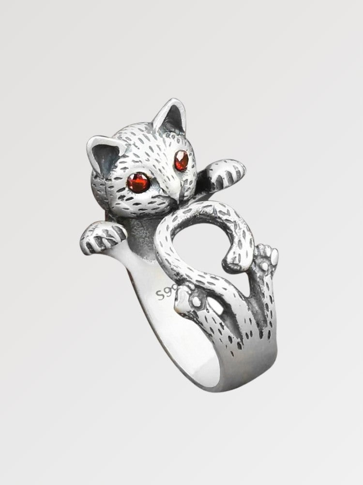 Anillo japonés Maneki Neko Shotika con gato esculpido 3D y ojos rojos de circonita Ropa Japonesa