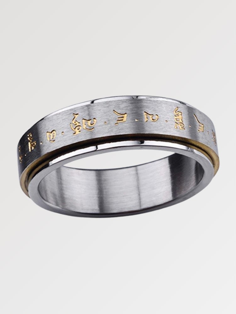 Anillo japonés con mantra Gaifu Okoni Om Mani Padme Hum en grabado dorado sobre anillo bicolor Ropa Japonesa