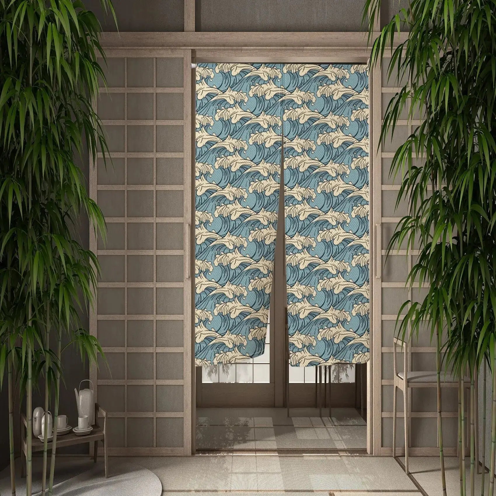 Noren japonés Tomodachi con olas beige sobre fondo azul pálido espíritu Taishō impreso sobre poliéster Ropa Japonesa