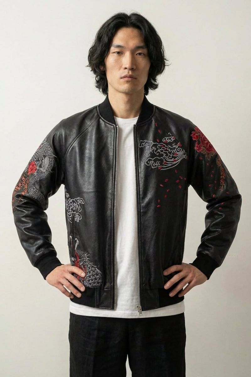 Cazadora Sukajan Auténtica Akaryu vista trasera bordado poliéster cazadora souvenir sukajan streetwear japonés Ropa Japonesa