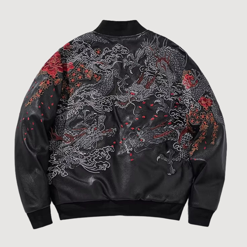 Cazadora Sukajan Auténtica Akaryu vista trasera bordado poliéster cazadora souvenir sukajan streetwear japonés Ropa Japonesa