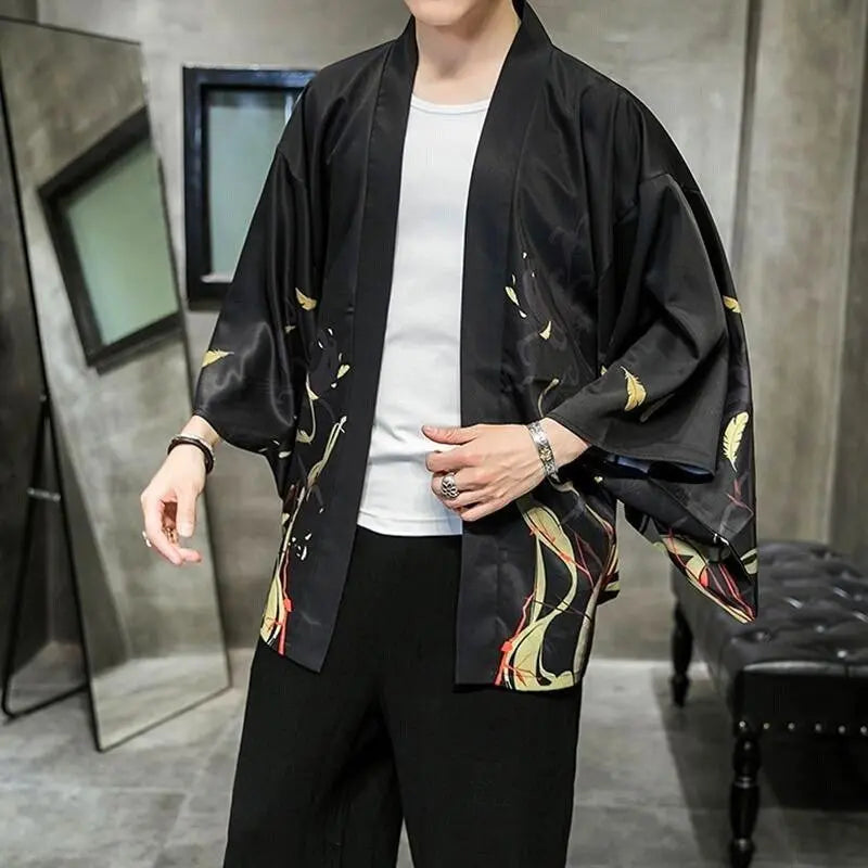 Chaqueta kimono negra para hombre en cómodo estilo japonés
