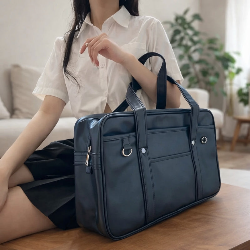 Bolso japonés Kaban colegiala cuero negro rectangular asas largas vista 2 - Ropa Japonesa