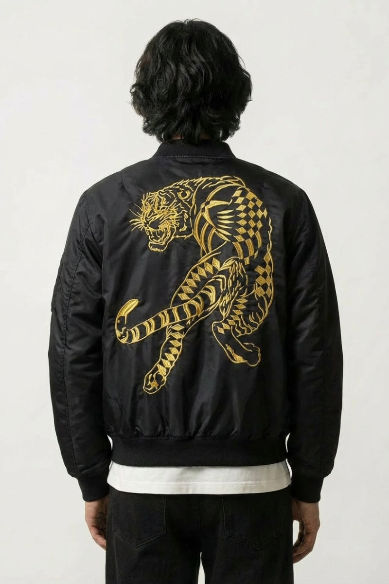Cazadora bomber de aviador de piel Mythical Tiger bordado en la espalda poliéster cazadora souvenir sukajan streetwear japonés Ropa Japonesa