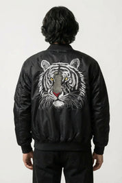 Cazadora bomber de aviador de piel Mythical Tiger vista trasera bordado poliéster cazadora souvenir sukajan streetwear japonés Ropa Japonesa