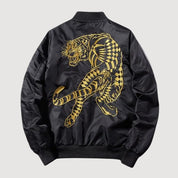 Cazadora bomber de aviador de piel Mythical Tiger vista trasera bordado poliéster cazadora souvenir sukajan streetwear japonés Ropa Japonesa