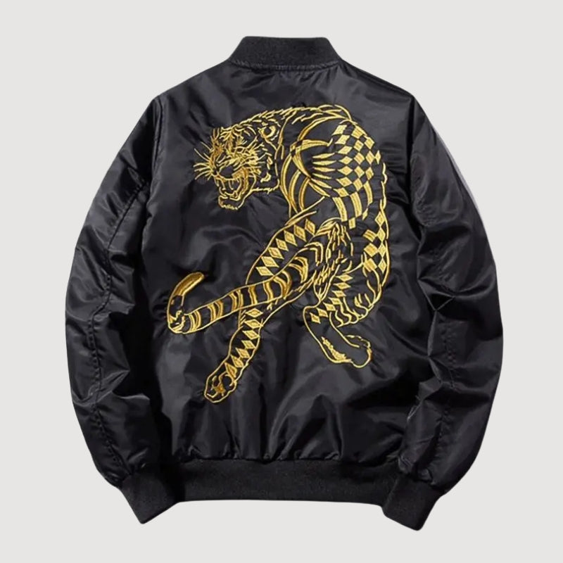 Cazadora bomber de aviador de piel Mythical Tiger vista trasera bordado poliéster cazadora souvenir sukajan streetwear japonés Ropa Japonesa