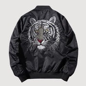 Cazadora bomber de aviador de piel Mythical Tiger vista trasera bordado poliéster cazadora souvenir sukajan streetwear japonés Ropa Japonesa