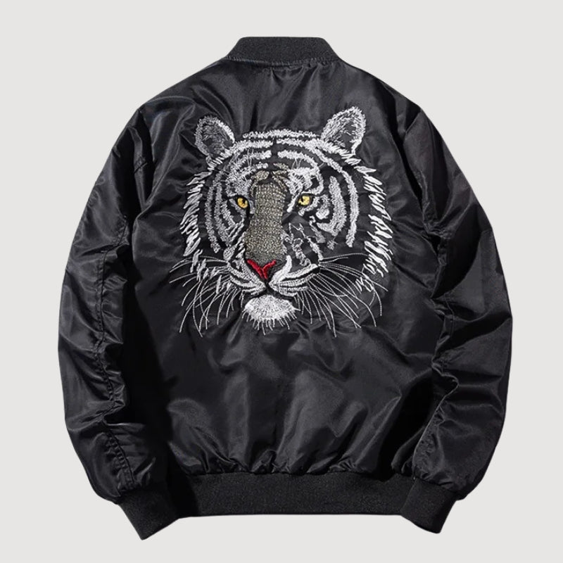 Cazadora bomber de aviador de piel Mythical Tiger vista trasera bordado poliéster cazadora souvenir sukajan streetwear japonés Ropa Japonesa