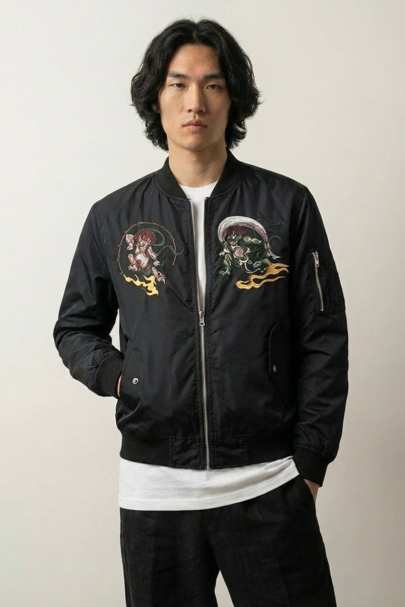 Bomber japonés monstruo Yokai Fight negro poliéster oni yokai dorados streetwear japonés Ropa Japonesa