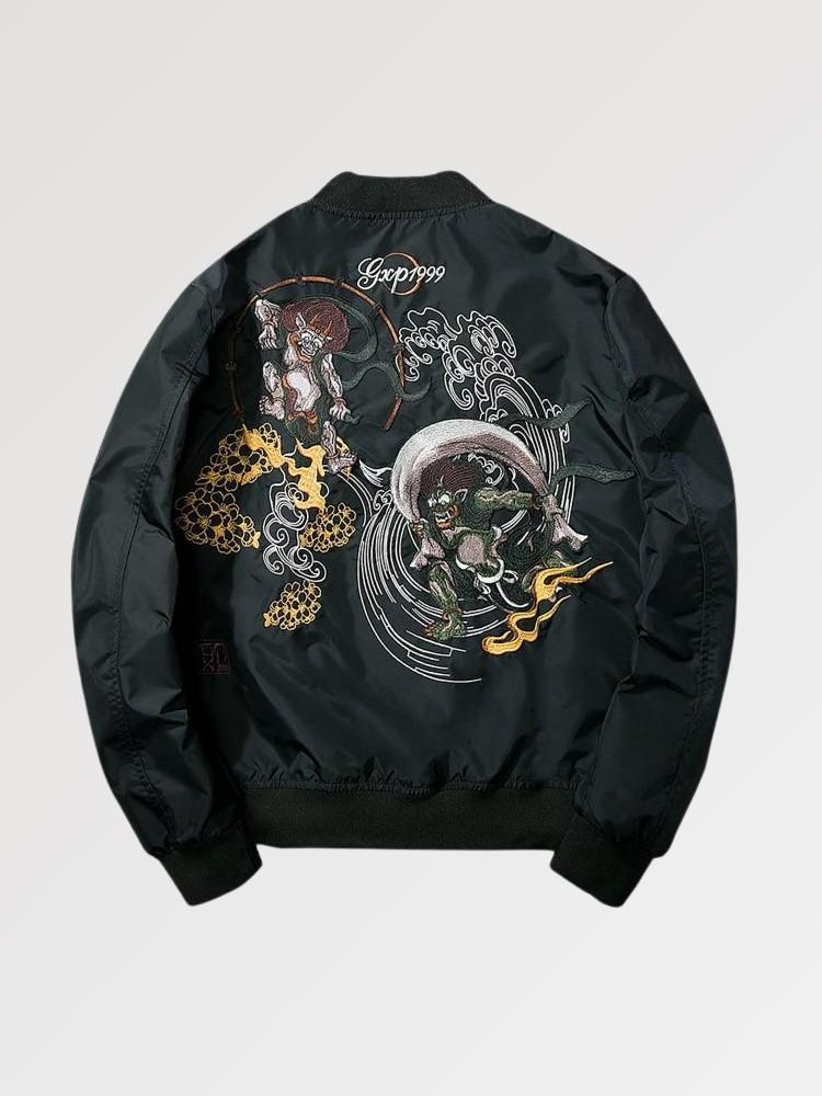 Bomber japonés monstruo Yokai Fight negro poliéster oni yokai dorados streetwear japonés Ropa Japonesa