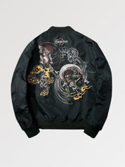 Bomber japonés monstruo Yokai Fight negro poliéster oni yokai dorados streetwear japonés Ropa Japonesa