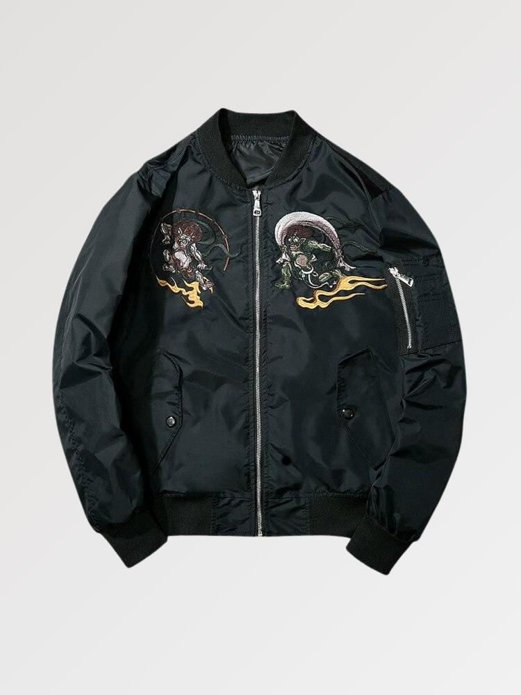 Bomber japonés monstruo Yokai Fight negro poliéster oni yokai dorados streetwear japonés Ropa Japonesa