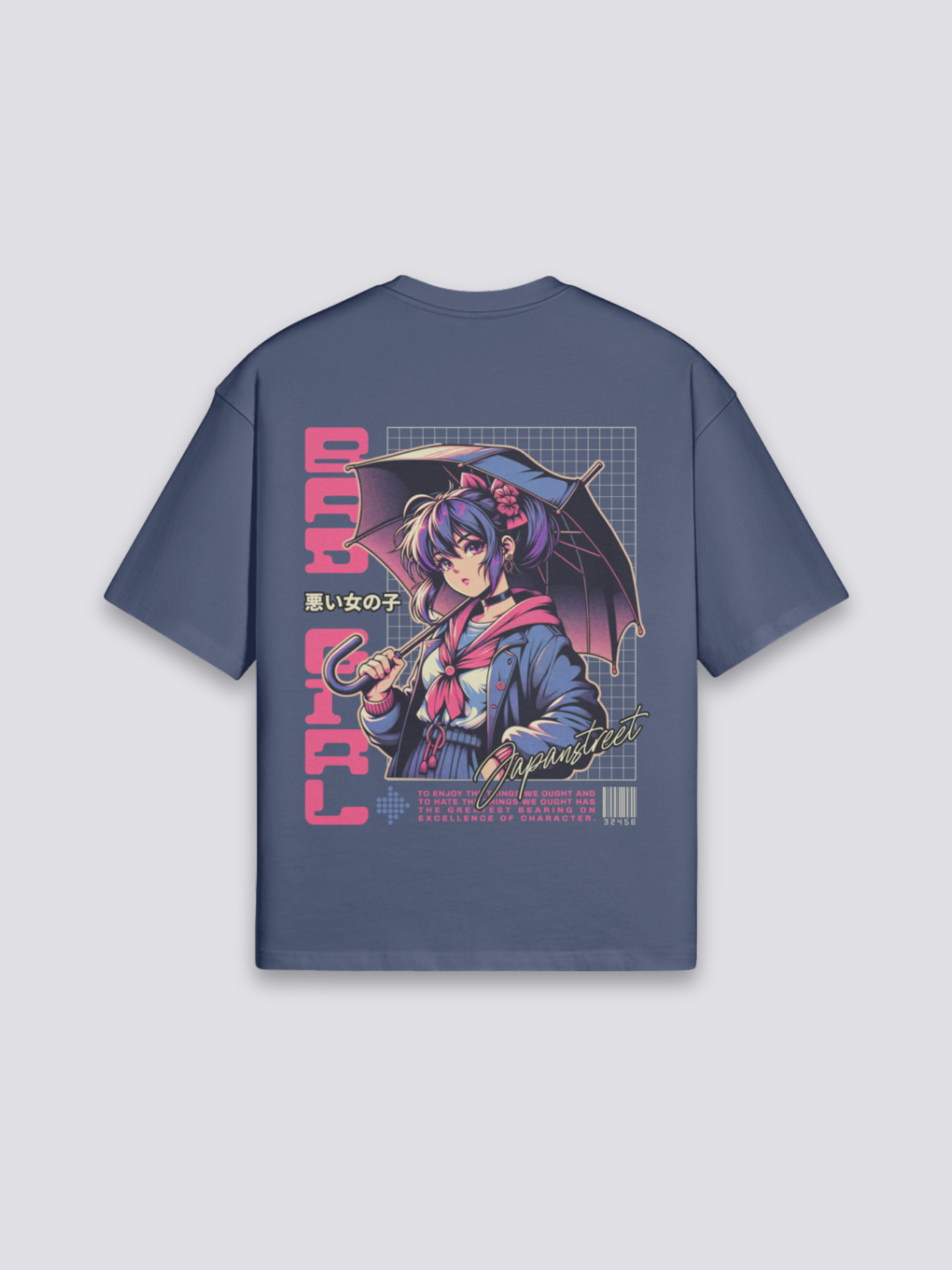 Camiseta anime bad girl paraguas azul marino estampado japonés oversize