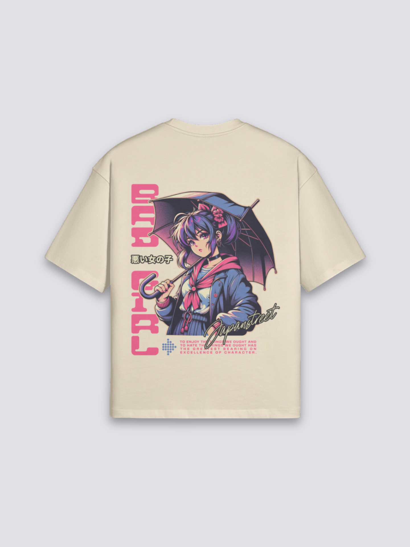 Camiseta anime bad girl paraguas beige estampado japonés oversize