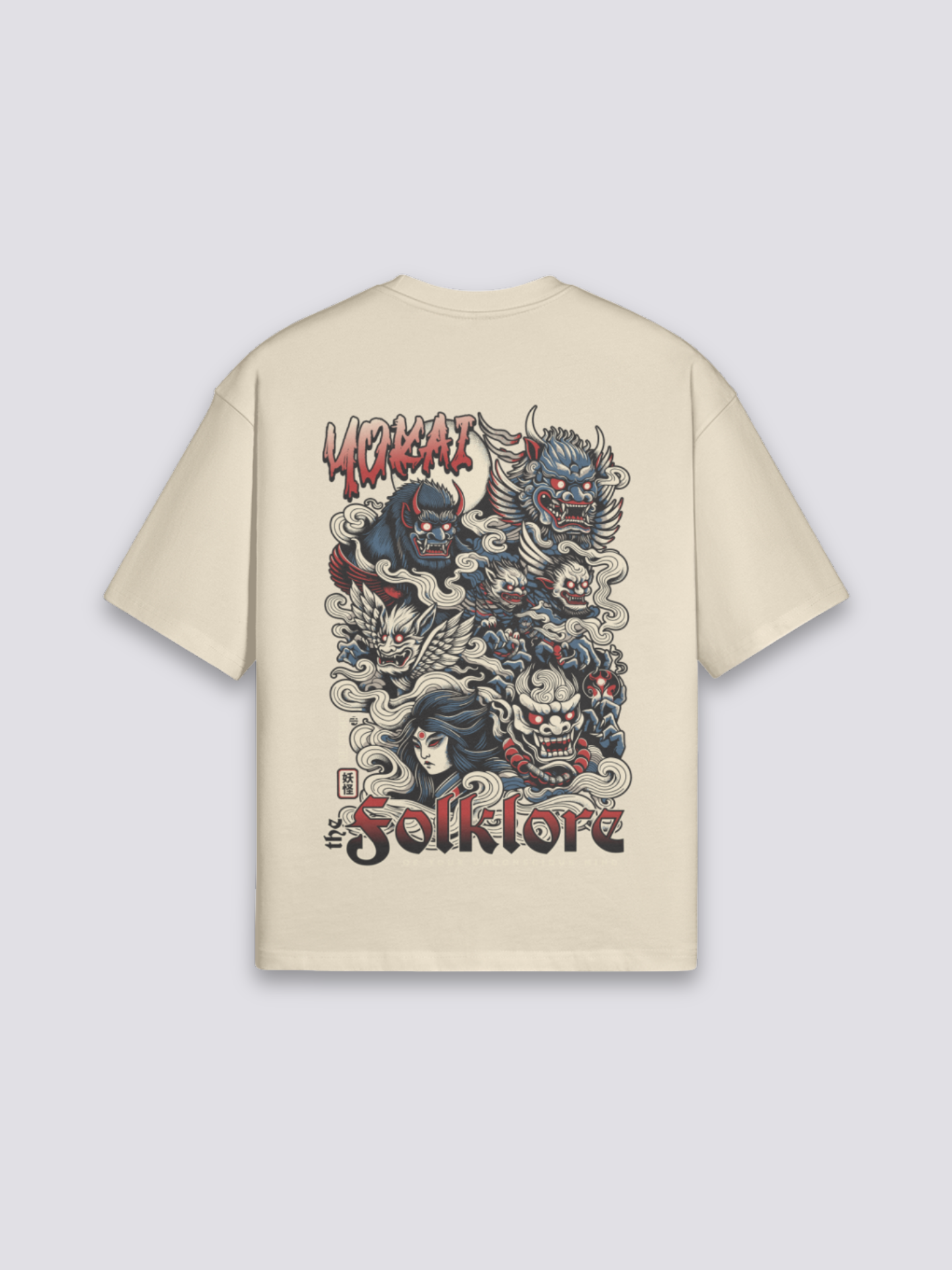 Camiseta arte japonés yokai beige estampado japonés oversize