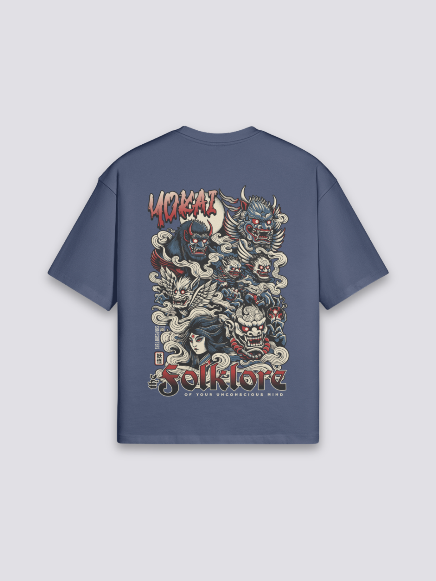 Camiseta arte japonés yokai azul marino estampado japonés oversize