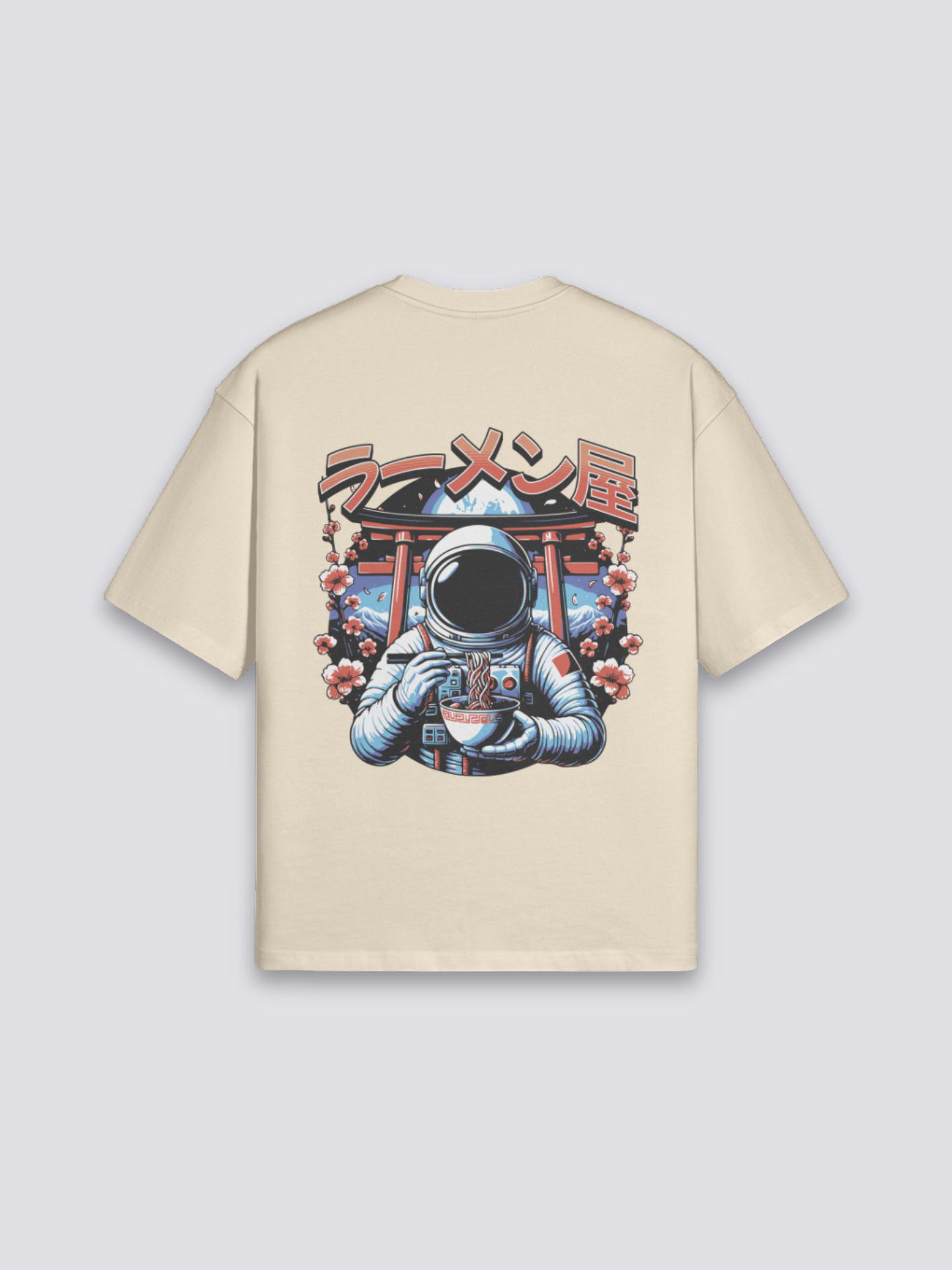 Camiseta astronauta ramen torii beige estampado japonés oversize
