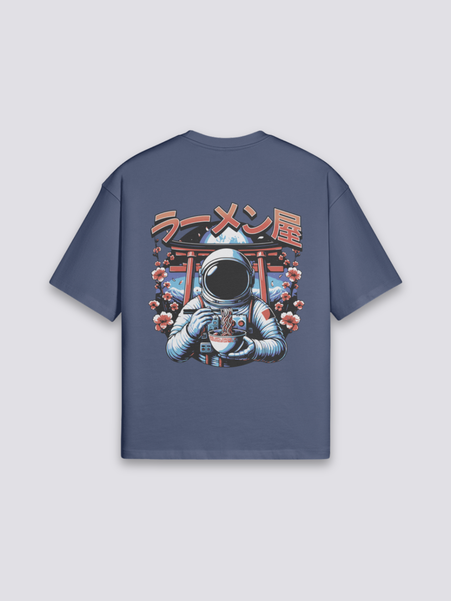 Camiseta astronauta ramen torii azul marino estampado japonés oversize