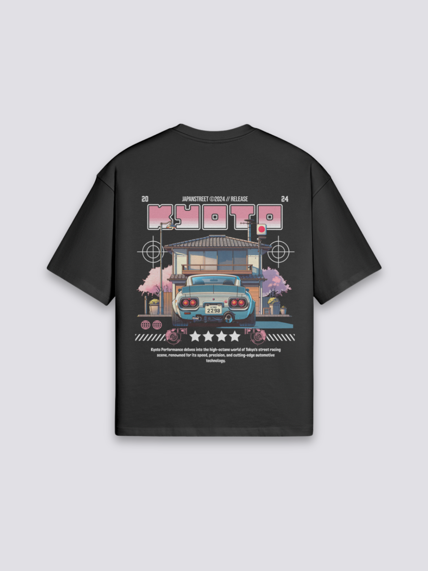 Camiseta Kioto calle de cerezos negro estampado japonés oversize