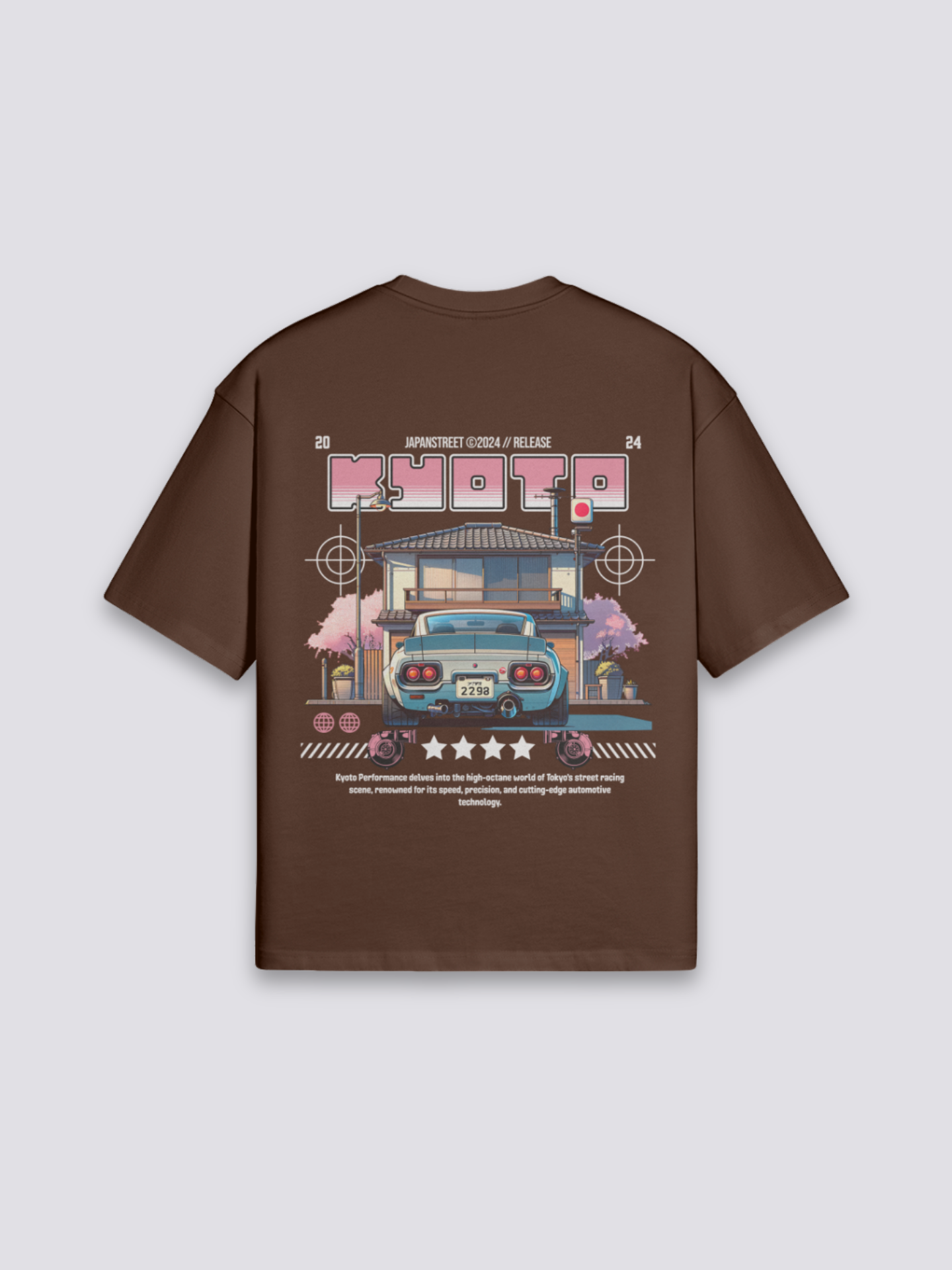 Camiseta Kioto calle de cerezos marrón estampado japonés oversize