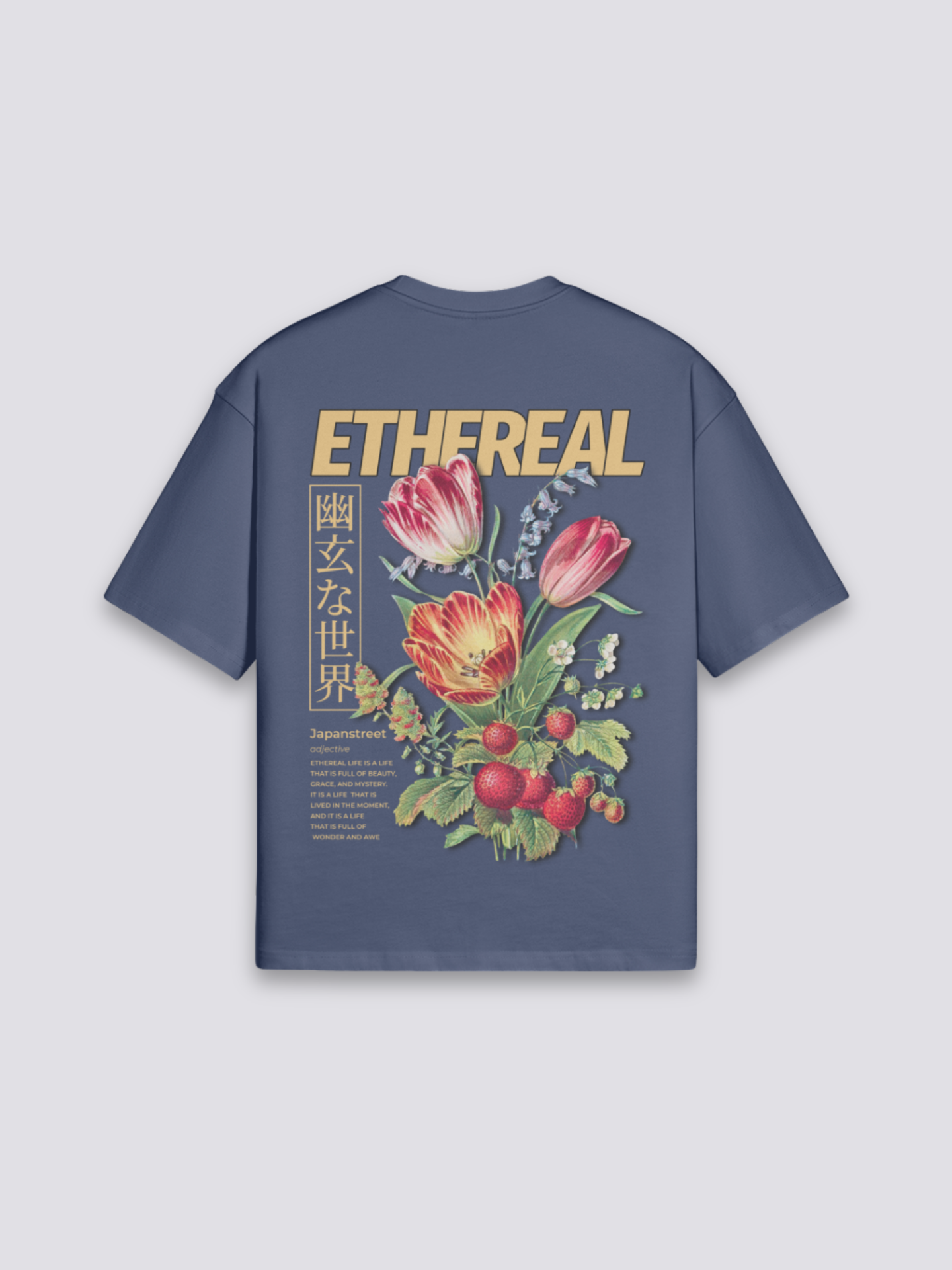 Camiseta flores japonesas azul marino estampado japonés oversize