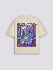 Camiseta cyberpunk samurái esqueleto beige estampado japonés oversize