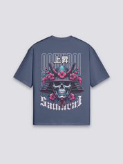 Camiseta samurái cyberpunk esqueleto beige estampado japonés oversize