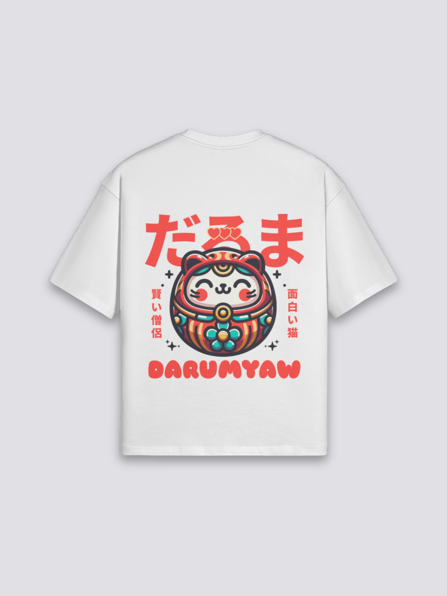 Camiseta daruma y gato de la suerte estampado japonés oversize