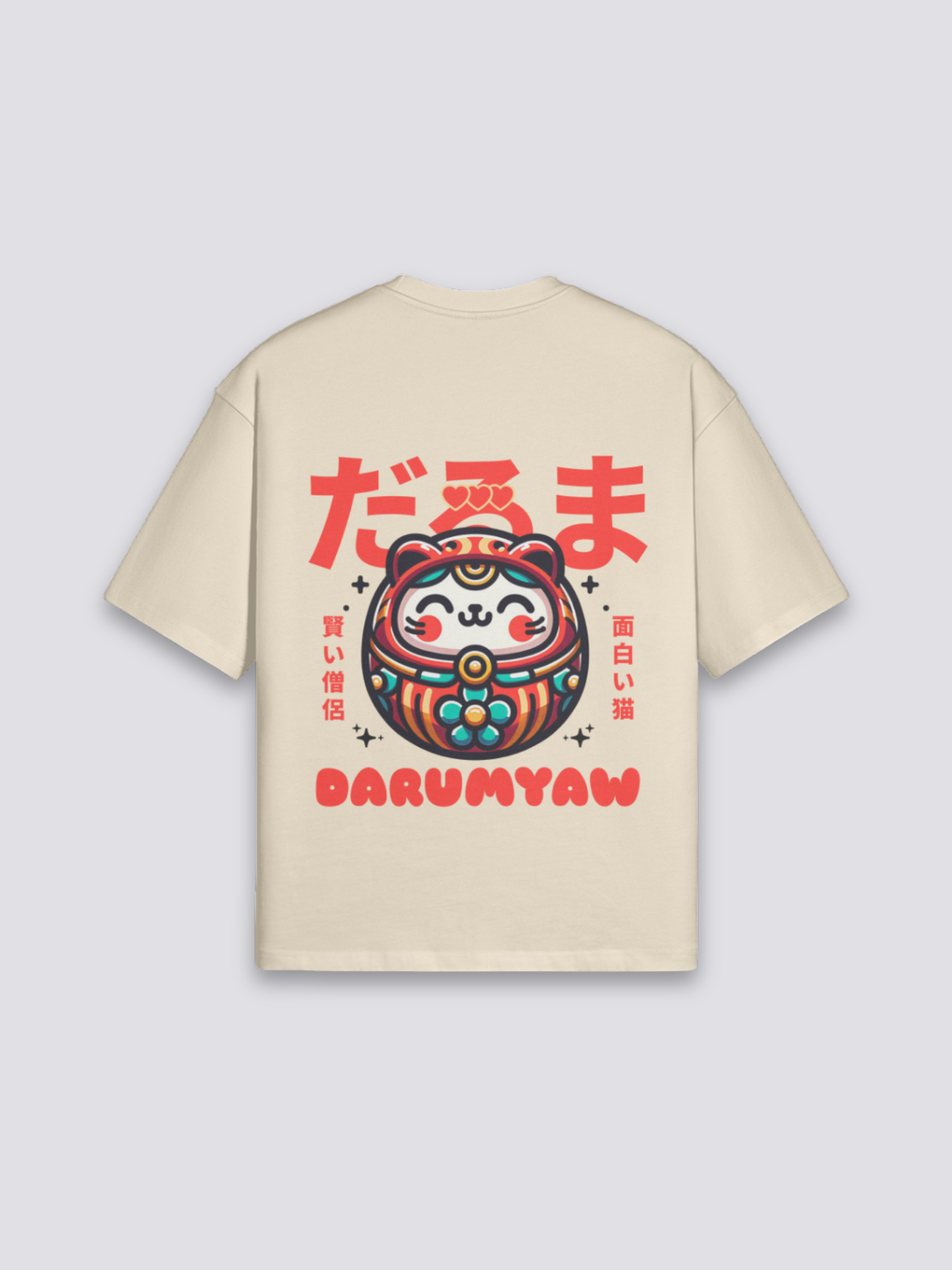 Camiseta daruma y gato de la suerte beige estampado japonés oversize