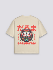 Camiseta daruma y gato de la suerte beige estampado japonés oversize