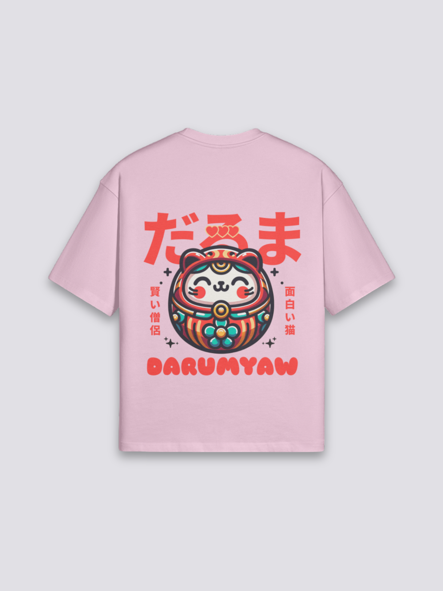 Camiseta daruma y gato de la suerte rosa estampado japonés oversize