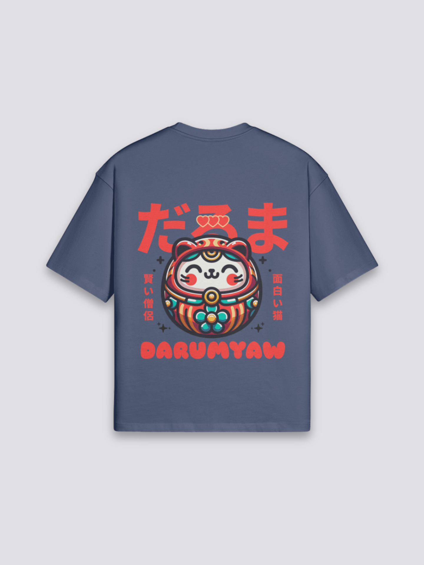 Camiseta daruma y gato de la suerte azul marino estampado japonés oversize