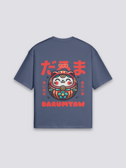 Camiseta daruma y gato de la suerte azul marino estampado japonés oversize