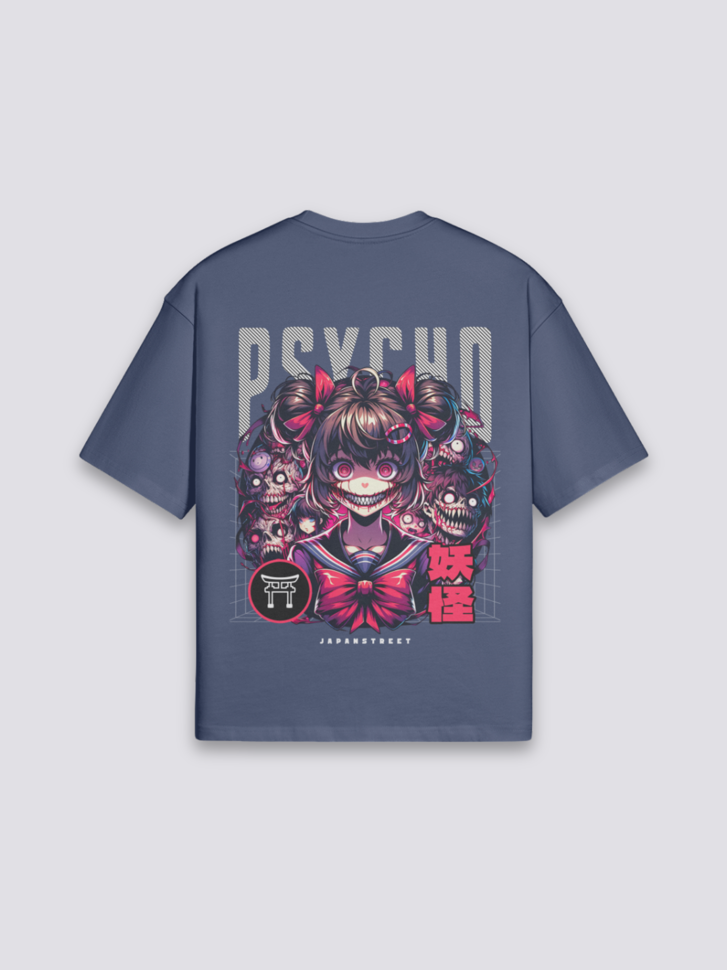 Camiseta manga psycho yokai azul marino estampado japonés oversize