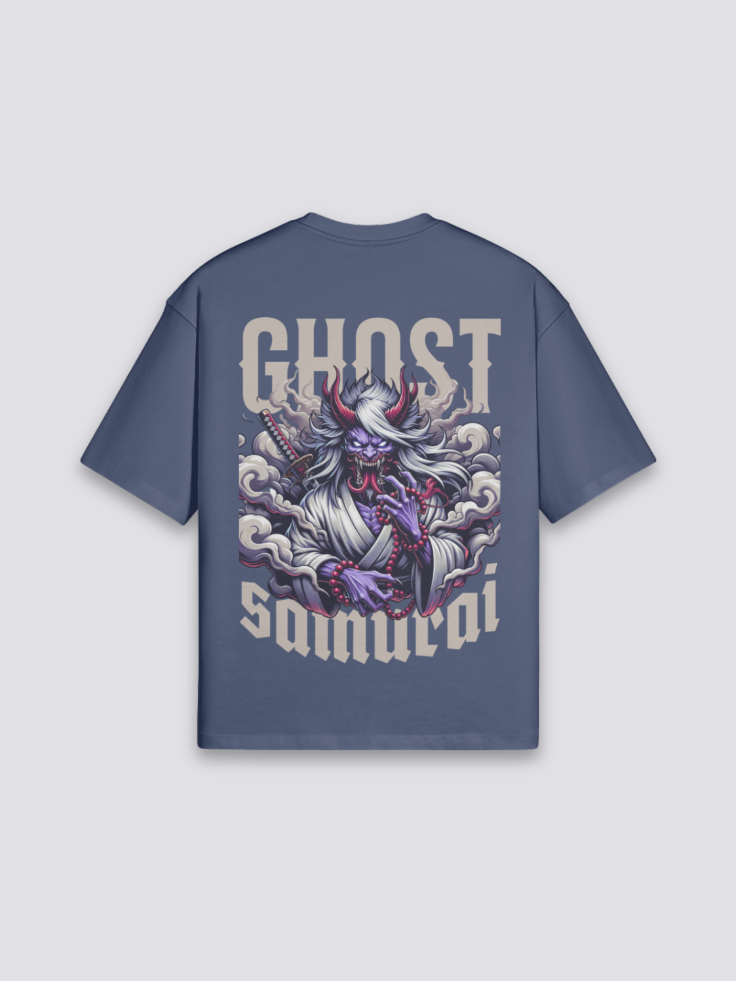 Camiseta estilo japonés samurái cyberpunk azul marino estampado japonés oversize