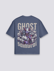 Camiseta estilo japonés samurái cyberpunk azul marino estampado japonés oversize