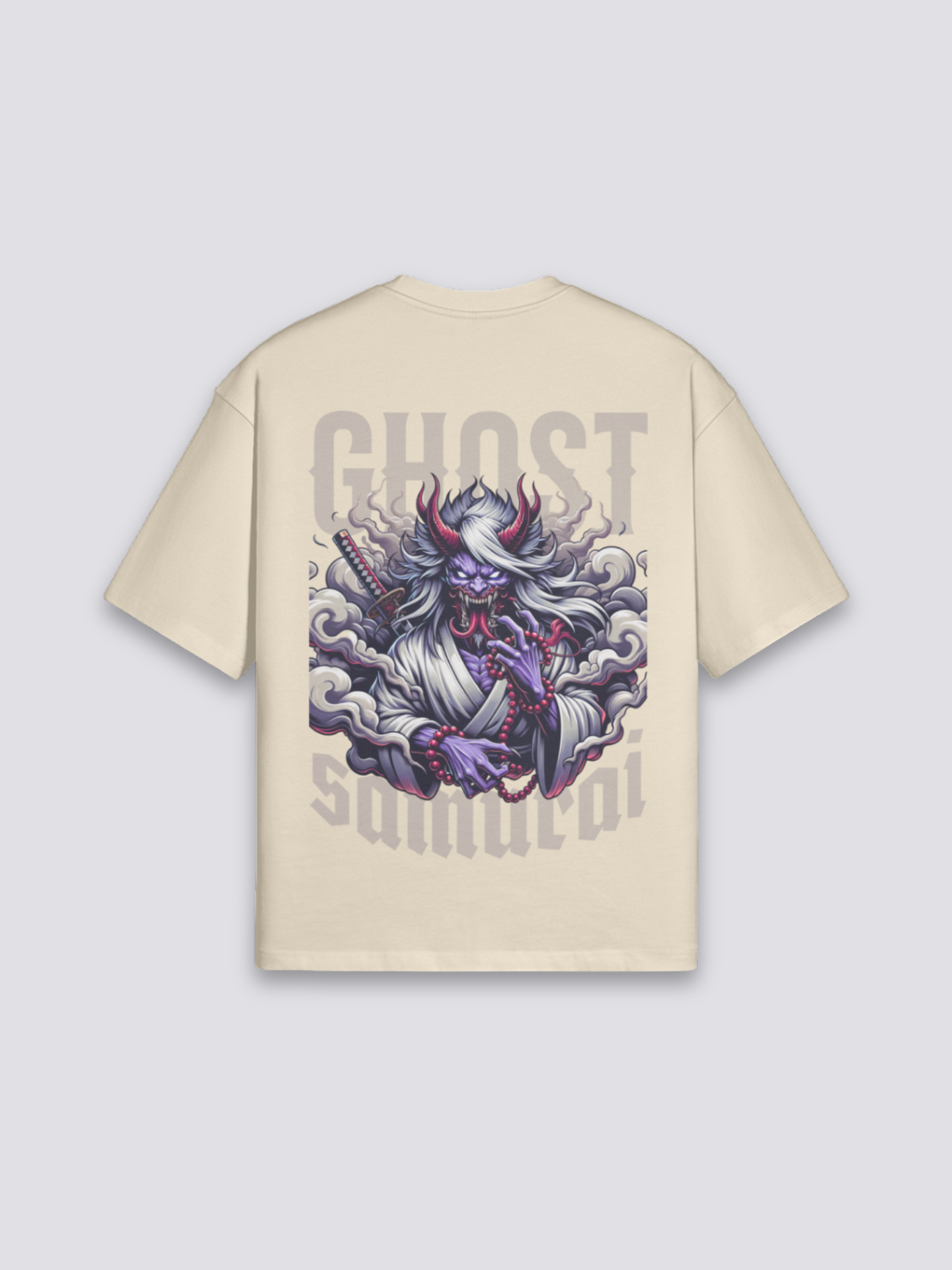 Camiseta estilo japonés samurái cyberpunk beige estampado japonés oversize