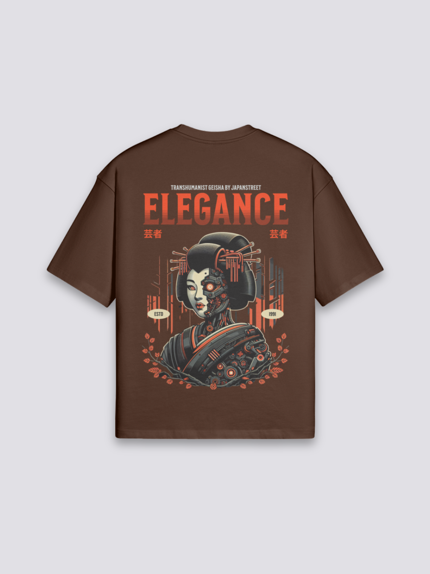 Camiseta geisha cyborg cyberpunk marrón estampado japonés oversize