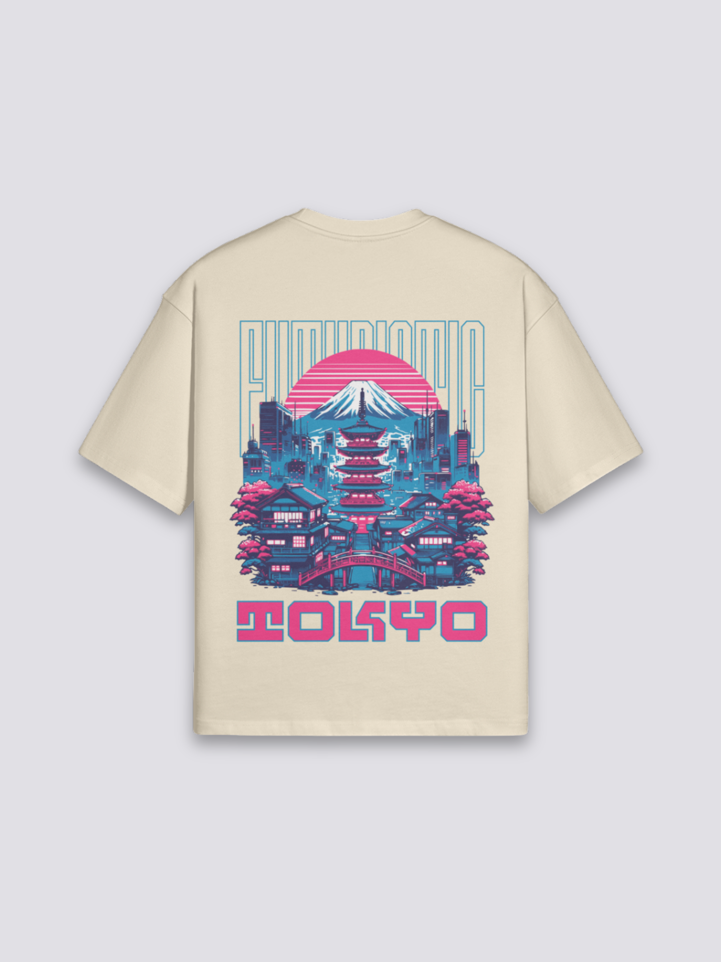Camiseta Tokio Fuji futurista beige estampado japonés oversize