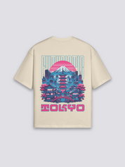 Camiseta Tokio Fuji futurista beige estampado japonés oversize