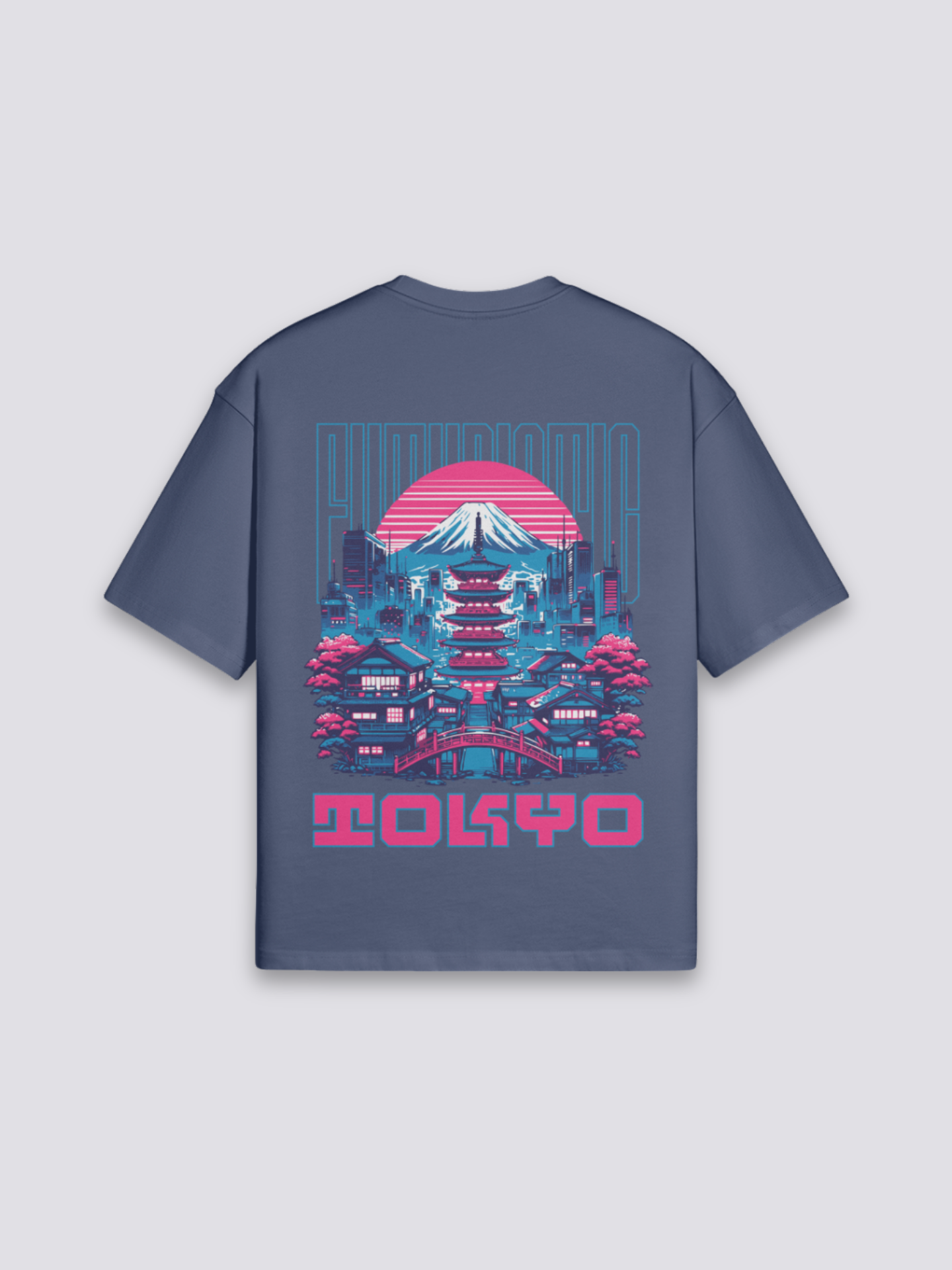 Camiseta Tokio Fuji futurista azul marino estampado japonés oversize