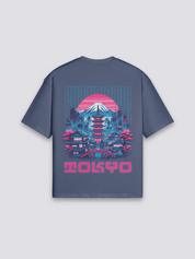Camiseta Tokio Fuji futurista azul marino estampado japonés oversize