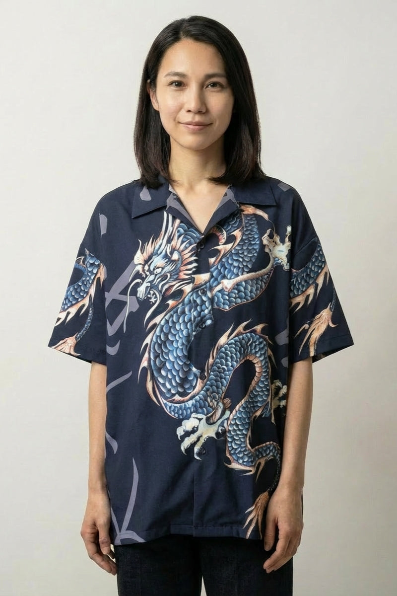 Camisa japonesa de dragón Ryu-jin azul marino estampado de dragón blanco cuello camisero mangas cortas streetwear japonés Ropa Japonesa
