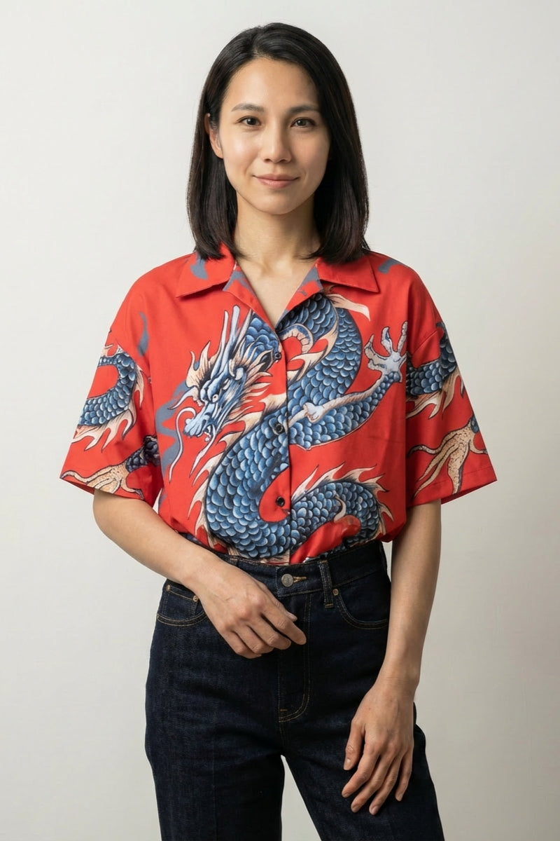 Camisa japonesa de dragón Ryu-jin roja estampado de dragón azul cuello camisero mangas cortas streetwear japonés Ropa Japonesa