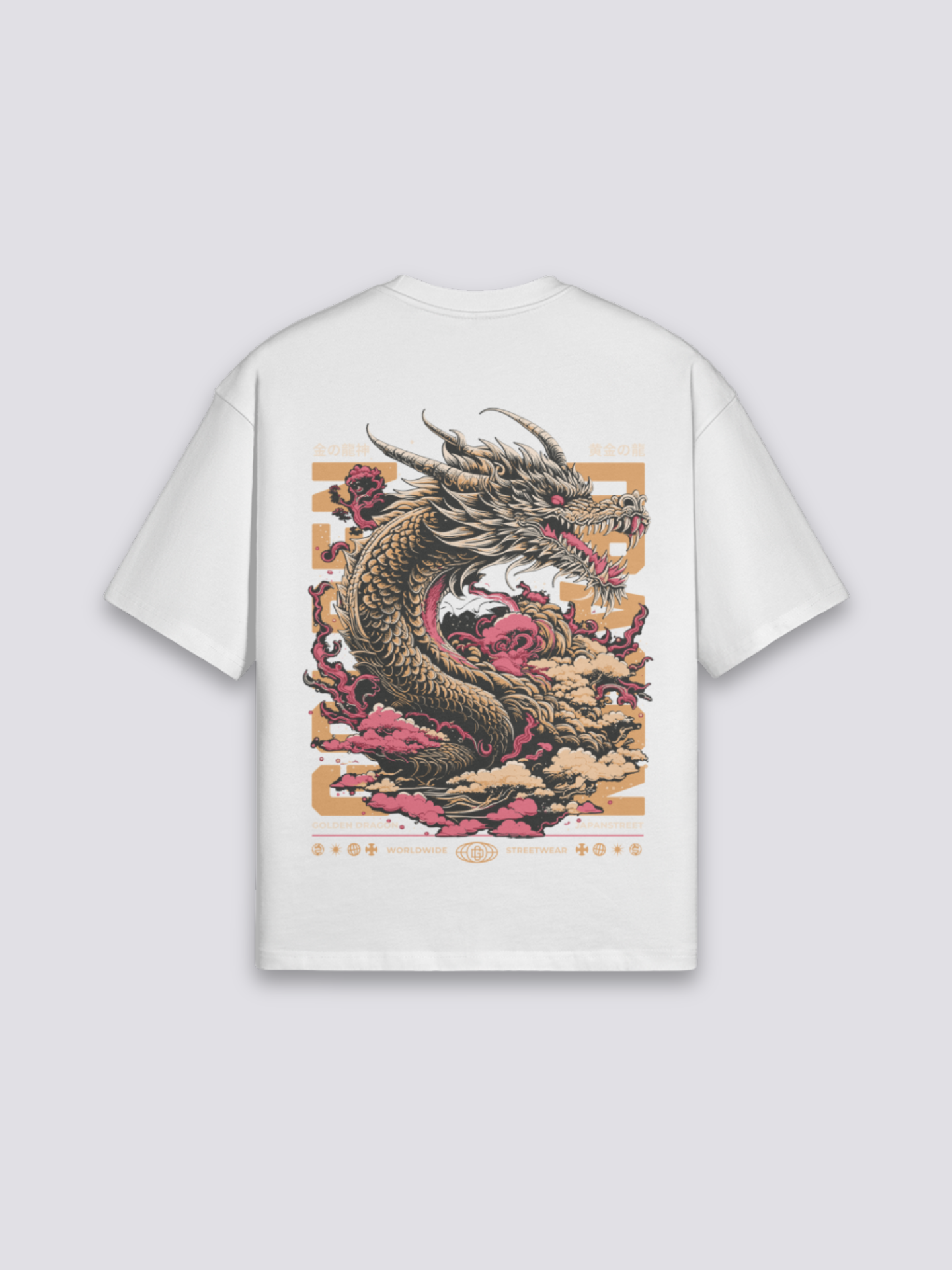 Camiseta dragón japonés dorado blanco estampado japonés oversize