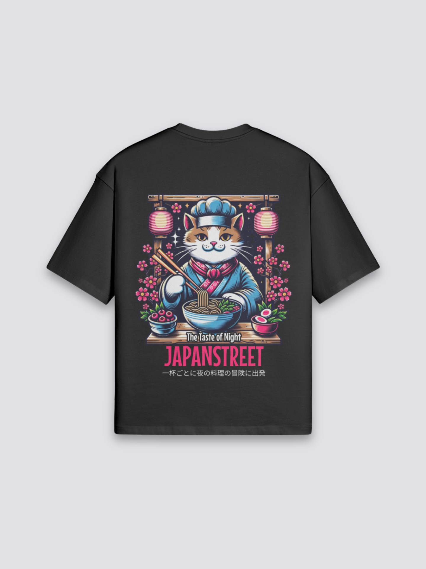 Camiseta gato cocinero ramen estampado japonés oversize